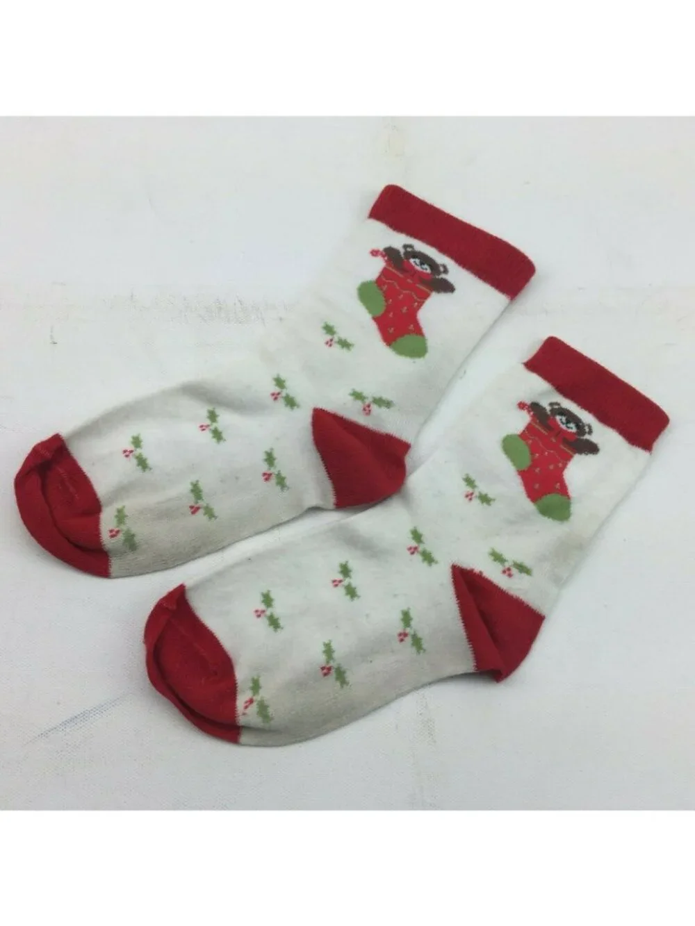 Vintage Christmas Bear Stocking Crew Socks Red Green Holly Berry
